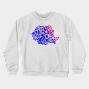 Colorful mandala art map of Romania with text in blue and violet Crewneck Sweatshirt